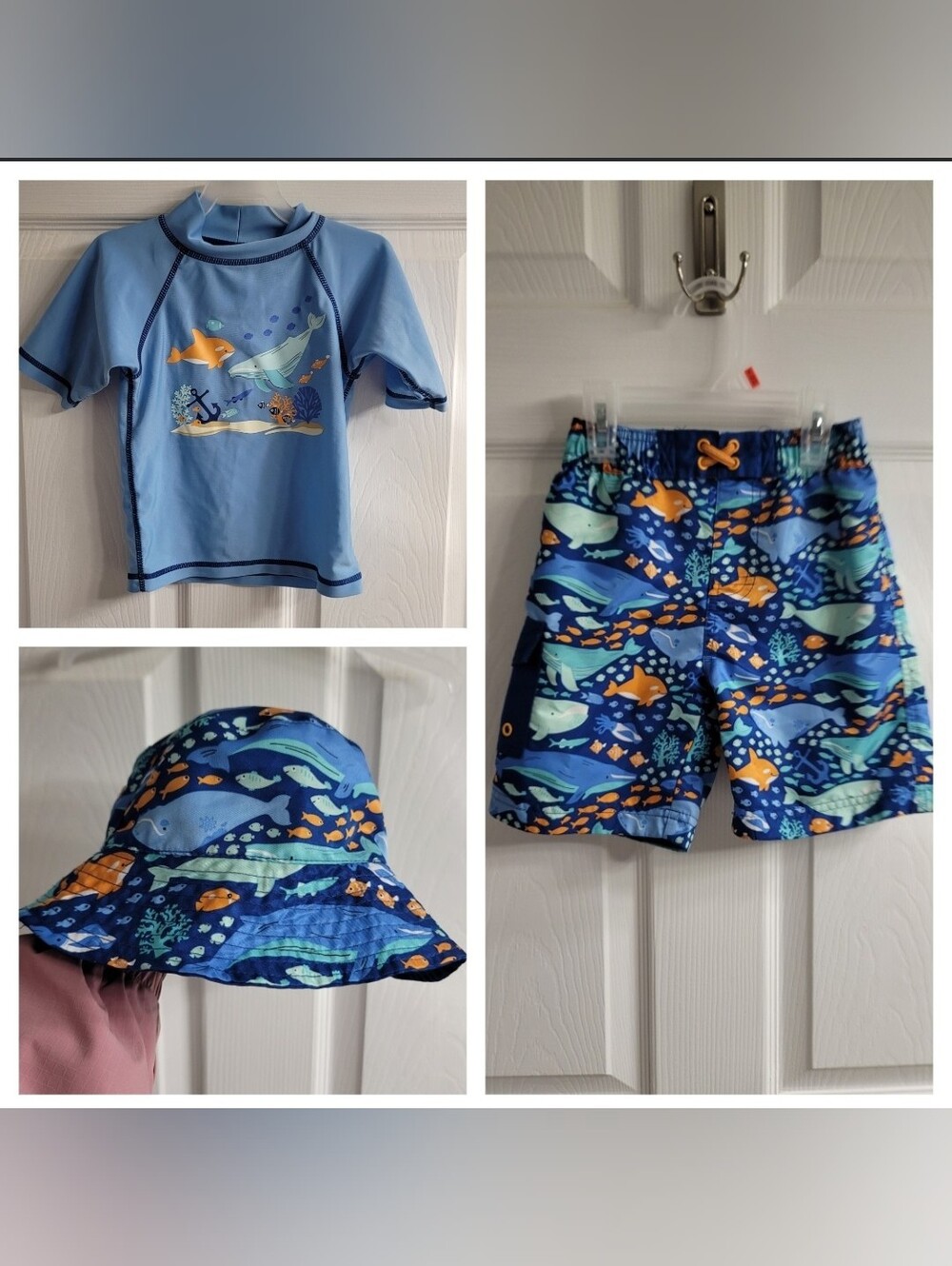#868 FREE W PURCHASE Bathing Suit Set Shark Whale Hat Top and Bottom sz 5